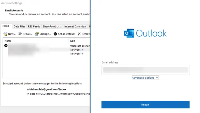 Восстановить учетную запись электронной почты в Outlook