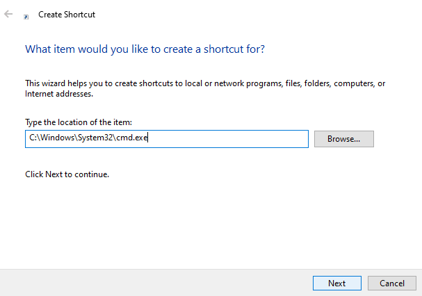 Create Shortcut wizard