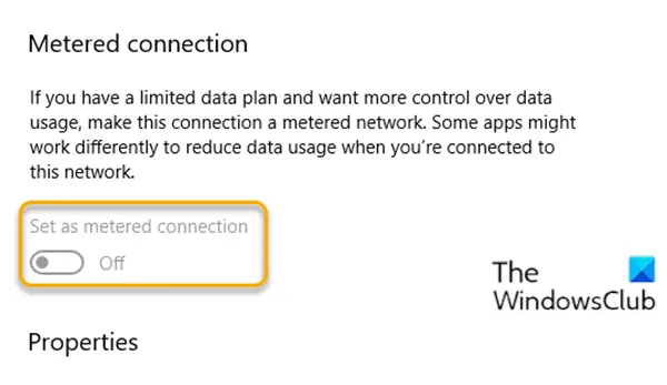 Set as metered connection setting greyed out