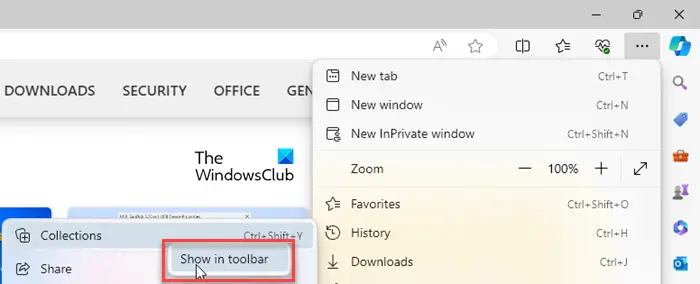 Show or Hide the Collections button using the Settings menu