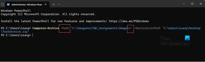 Use of wildcard character in PowerShell to zip file