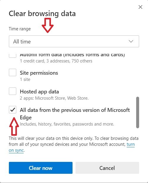 Clear browsing data of Edge Legacy using Edge Chromium