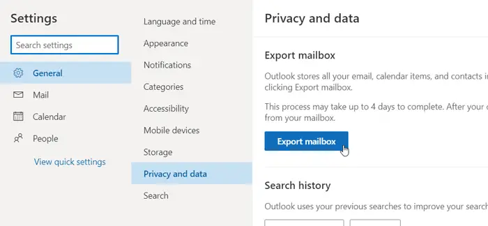 Download or export mailbox from Outlook.com