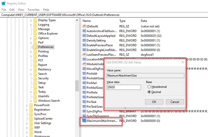 increase outlook attachment size