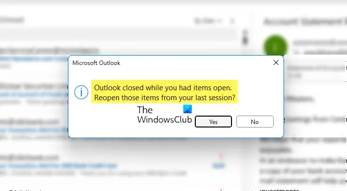 Stop Outlook from reopening emails after a crash