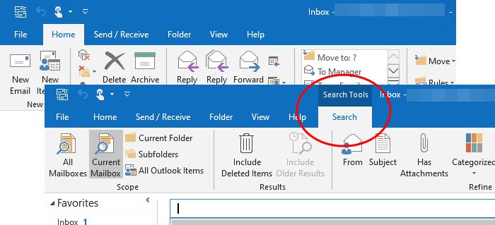 outlook search tab