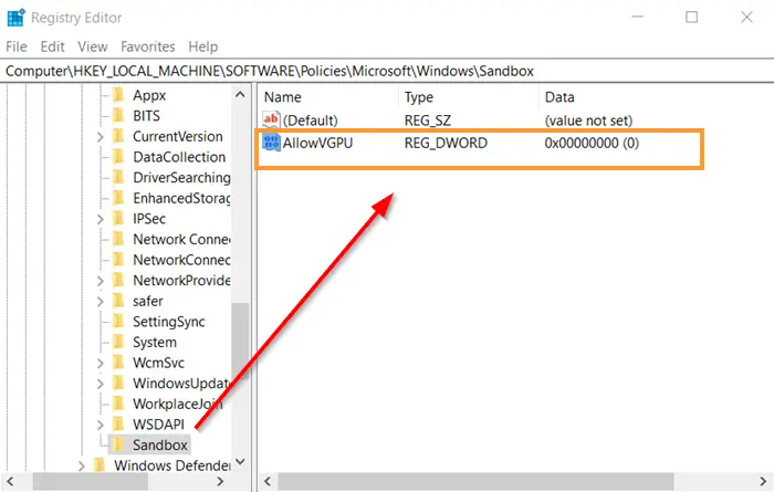 Registry Editor to configure Windows Sandbox