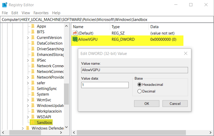 Enable or disable Virtualized GPU sharing for Windows Sandbox