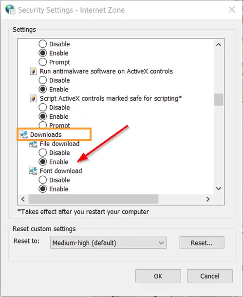 security settings internet zone