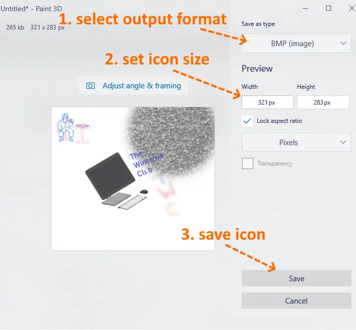 set icon format and size to save