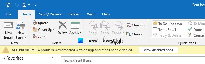 Outlook: A problem was detected with an app or add-in