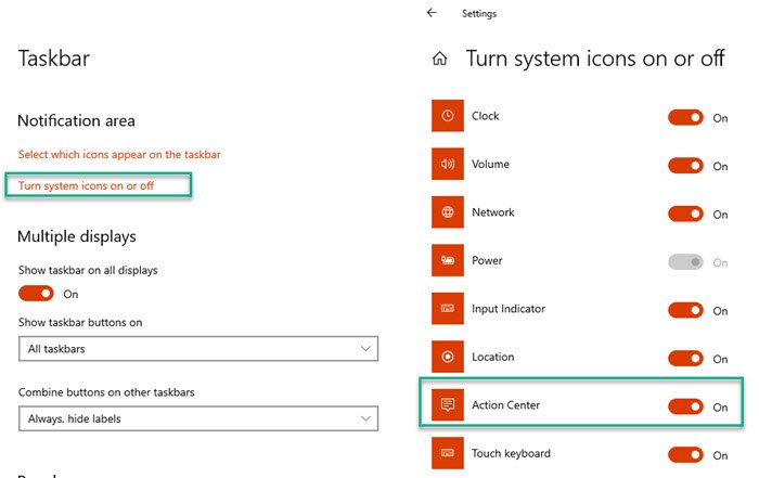 Action Center Enable System icons