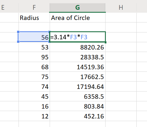 Area of Circle in Excel