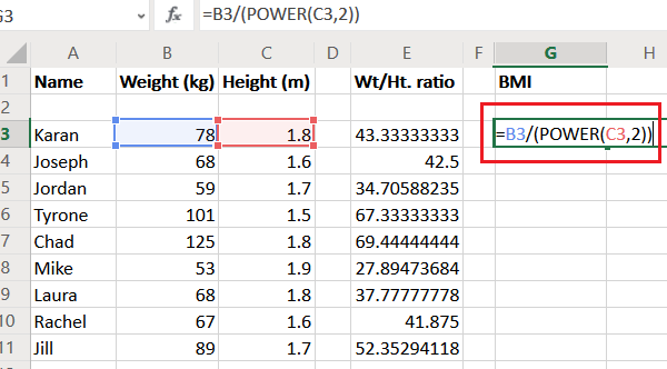 Calculate BMI ratio in Excel