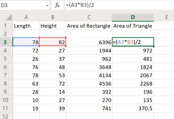 Calculate area of triangle in Excel