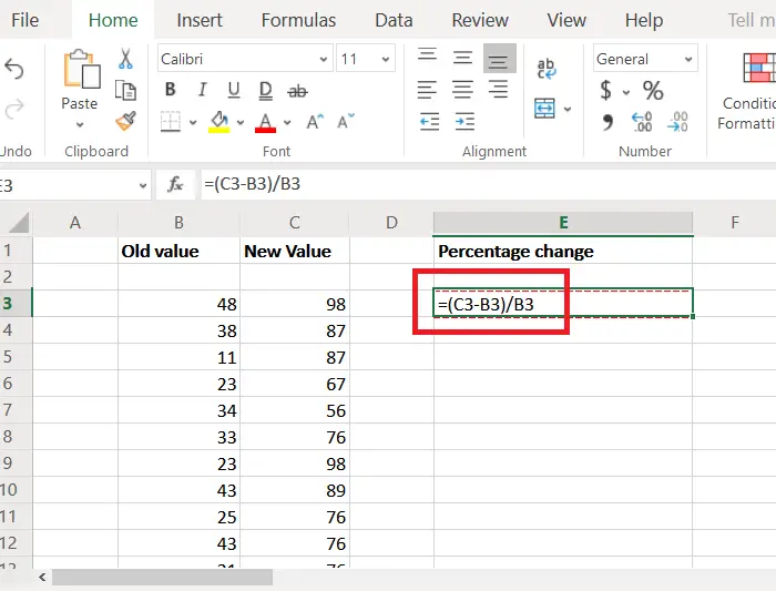 Calculate percentage change in Excel