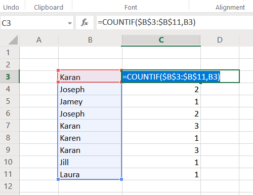 Count duplicate values in a column in Excel