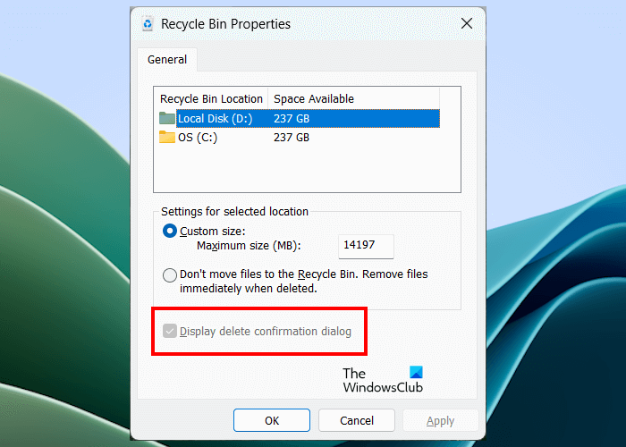 Display delete confirmation dialog greyed out
