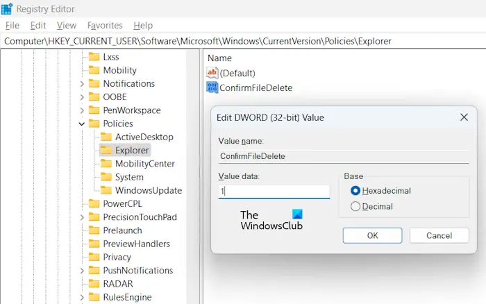 Display delete confirmation dialog regedit