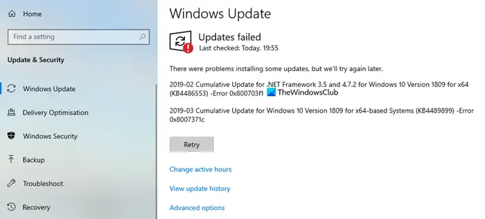 Windows Update Error 0x800703F1