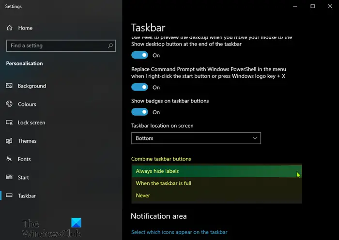 How to show Program icon names in Taskbar of Windows 10