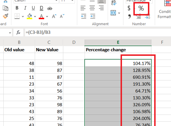 How to calculate percentage change in Excel