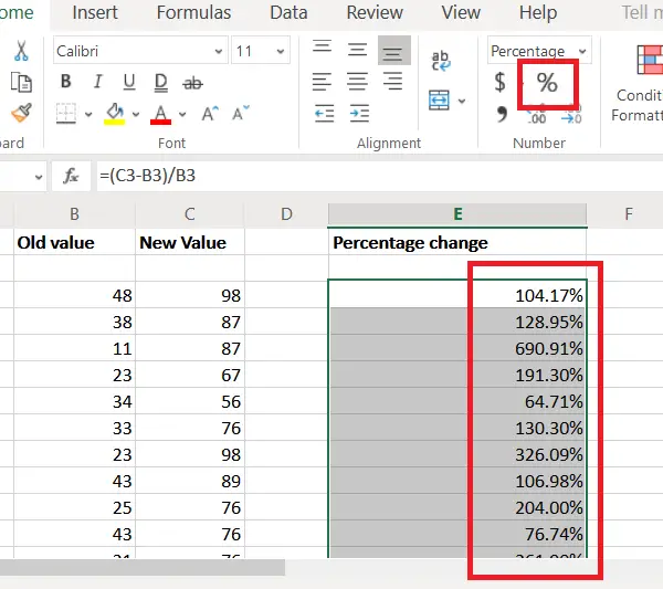 How to calculate percentage change in Excel