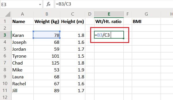 How to calculate weight to height ratio in Excel