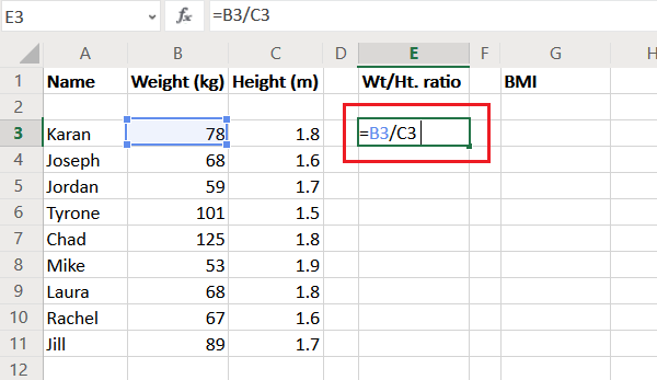 BMI calculation formula in Excel