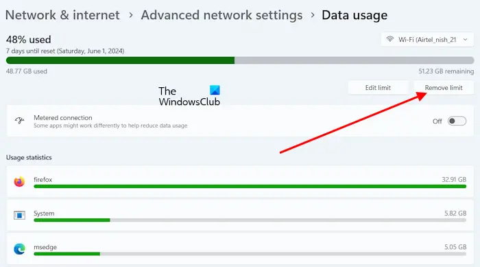 Remove data usage limit Windows 11