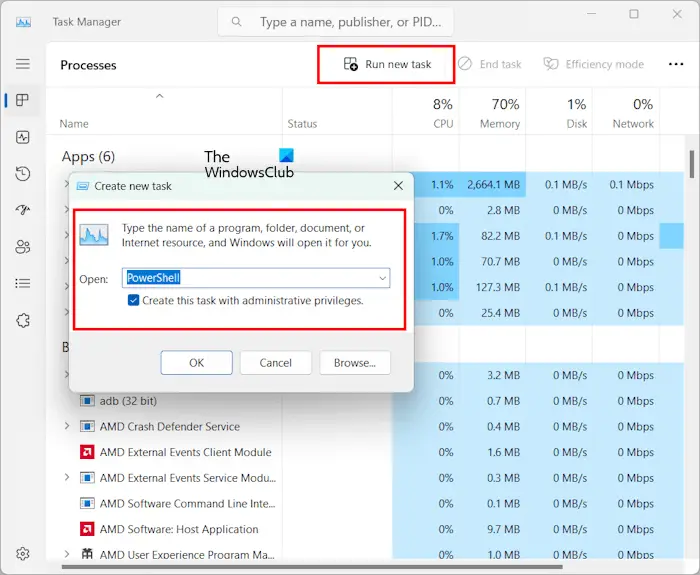 Run elevated PowerShell through Task Manager