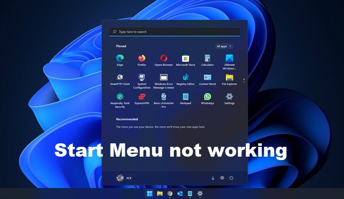 Start Menu not working windows 11