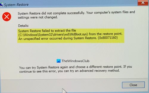 System restore failed to extract the file, error 0x80071160