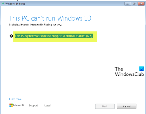 This PC's processor doesn't support a critical feature