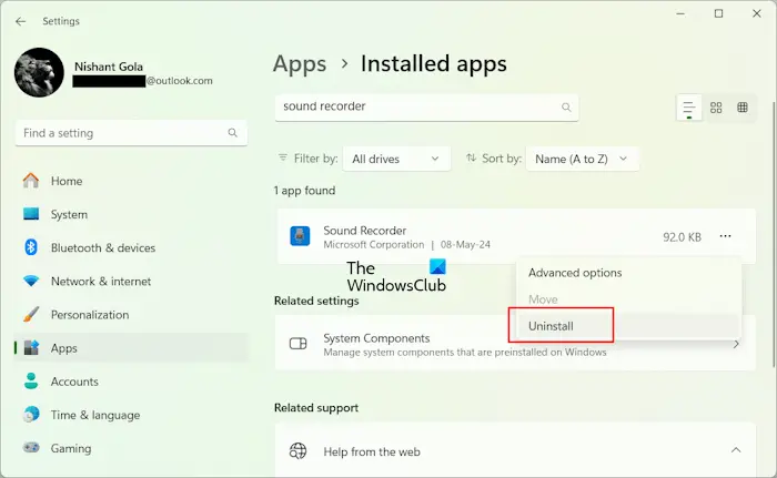 Uninstall Sound Recorder via Settings