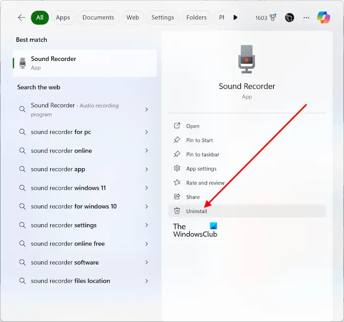 Uninstall Sound Recorder via Start Menu