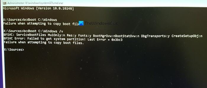 Windows Failure when attempting to copy boot files