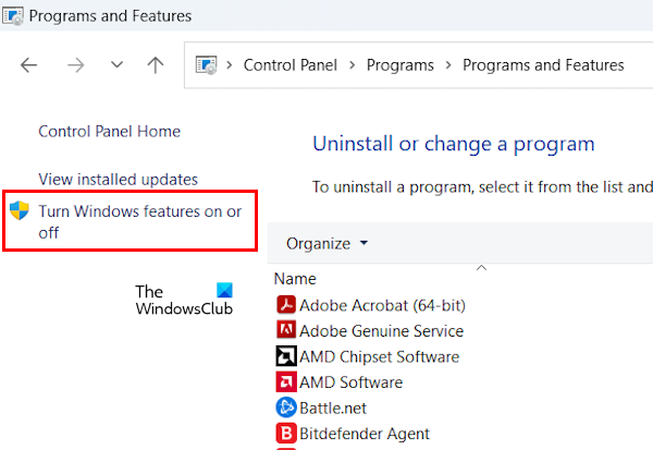 Windows Features in Control Panel