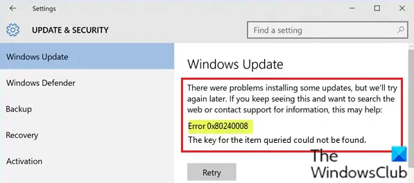 Windows Update error 0x80240008