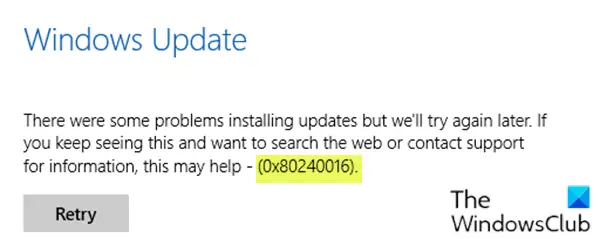 Windows Update error 0x80240016