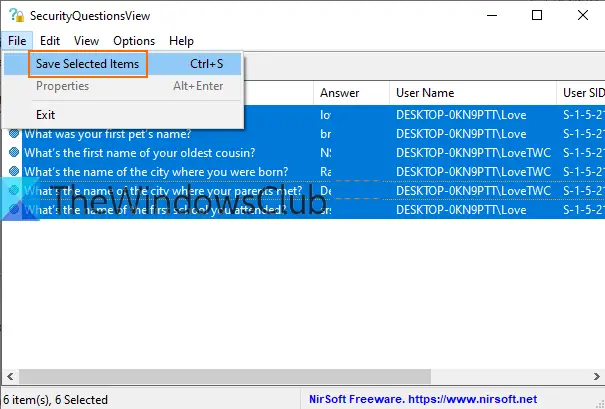 save security questions and answers using file menu