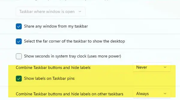 show lables on taskbar pins windows 11