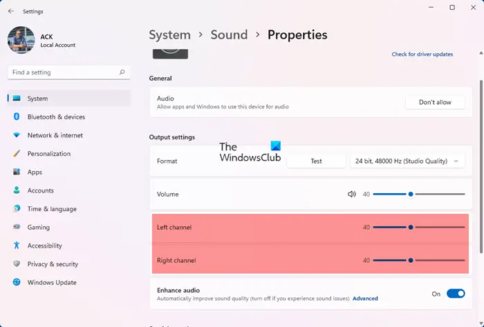 Adjust Sound Balance for Left and Right channel in Windows