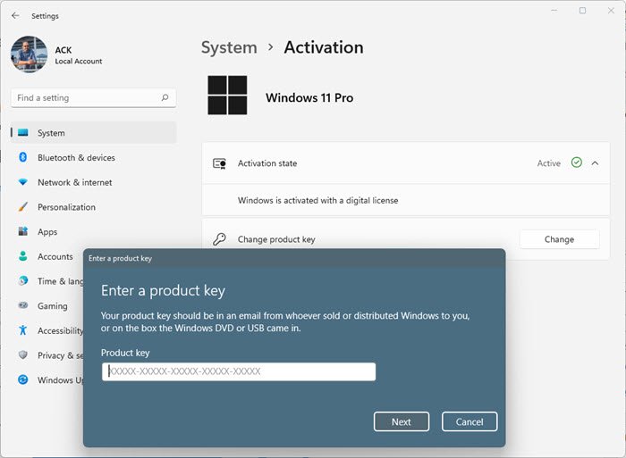 Change product key windows 11