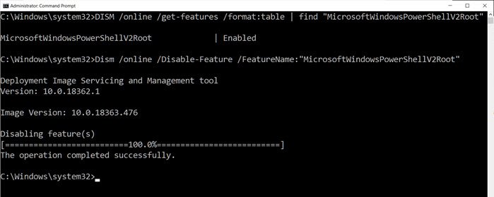 Disable PowerShell using DISM Tool