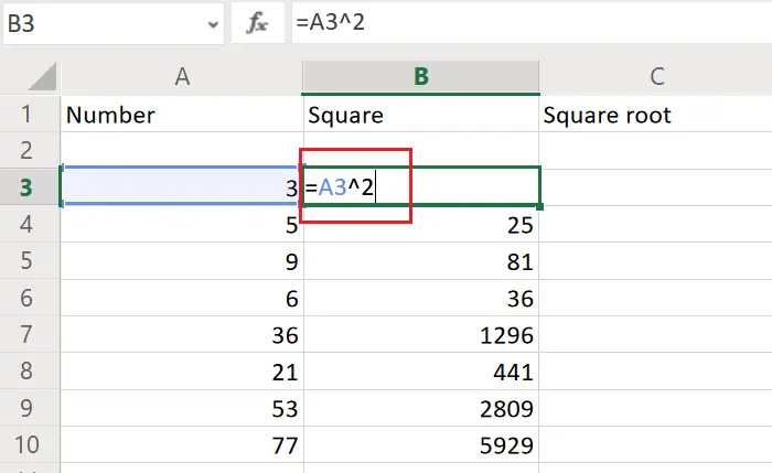 How to find the Square and Square Root in Excel