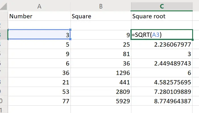 Find square root in Excel