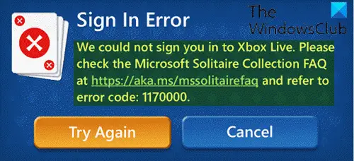 Microsoft Solitaire sign in error 1170000