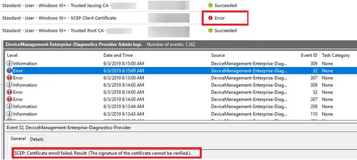 SCEP deployment to Windows 10 devices fails after you renew the CA certificate