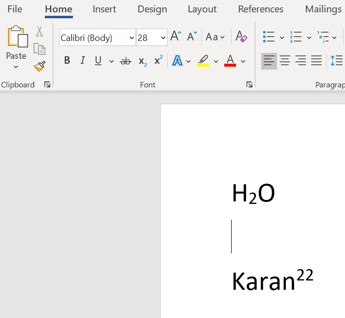 subscript and superscript in word